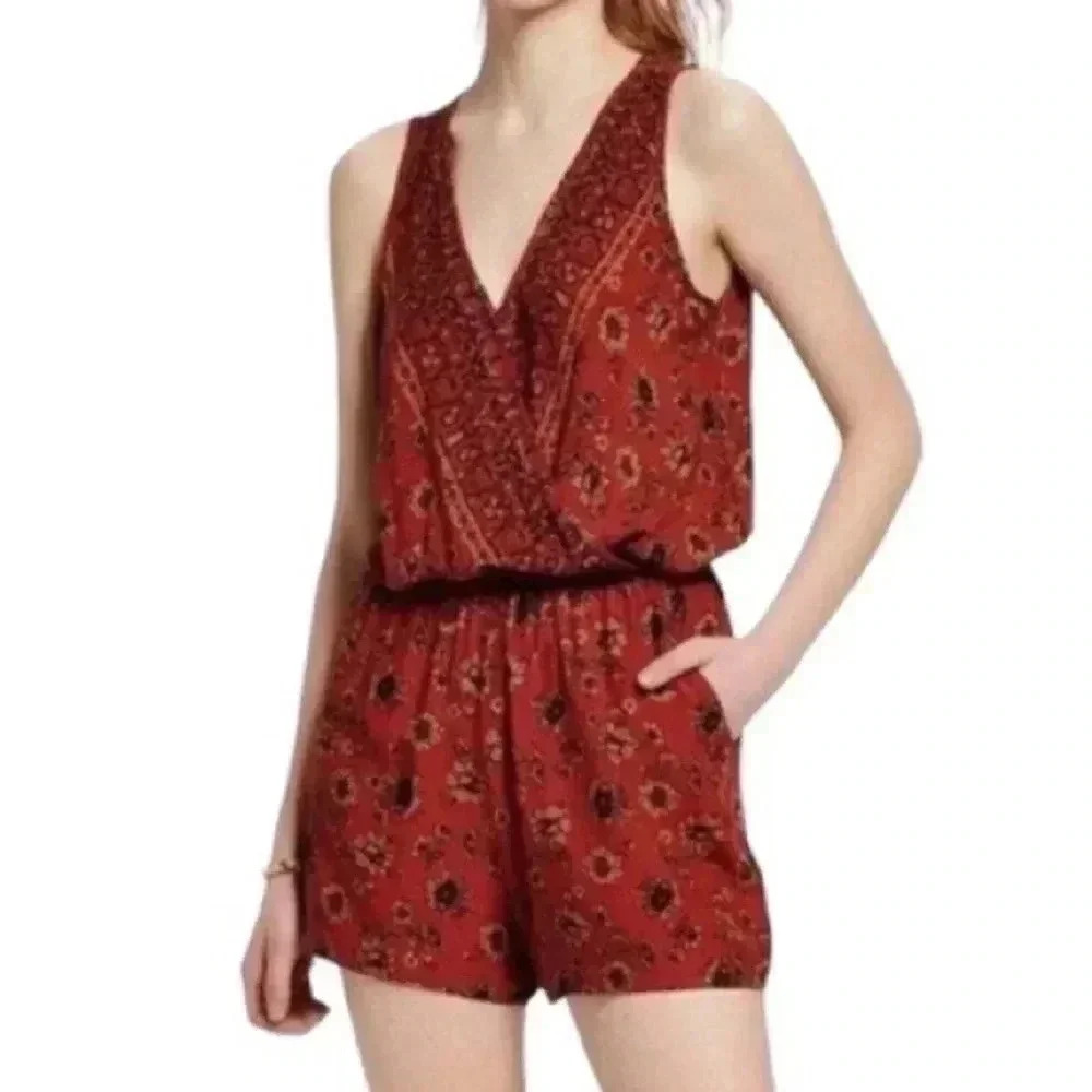 Mossimo Gauze Rust Burnt Orange Sunflower Summer Boho Romper w/ pockets